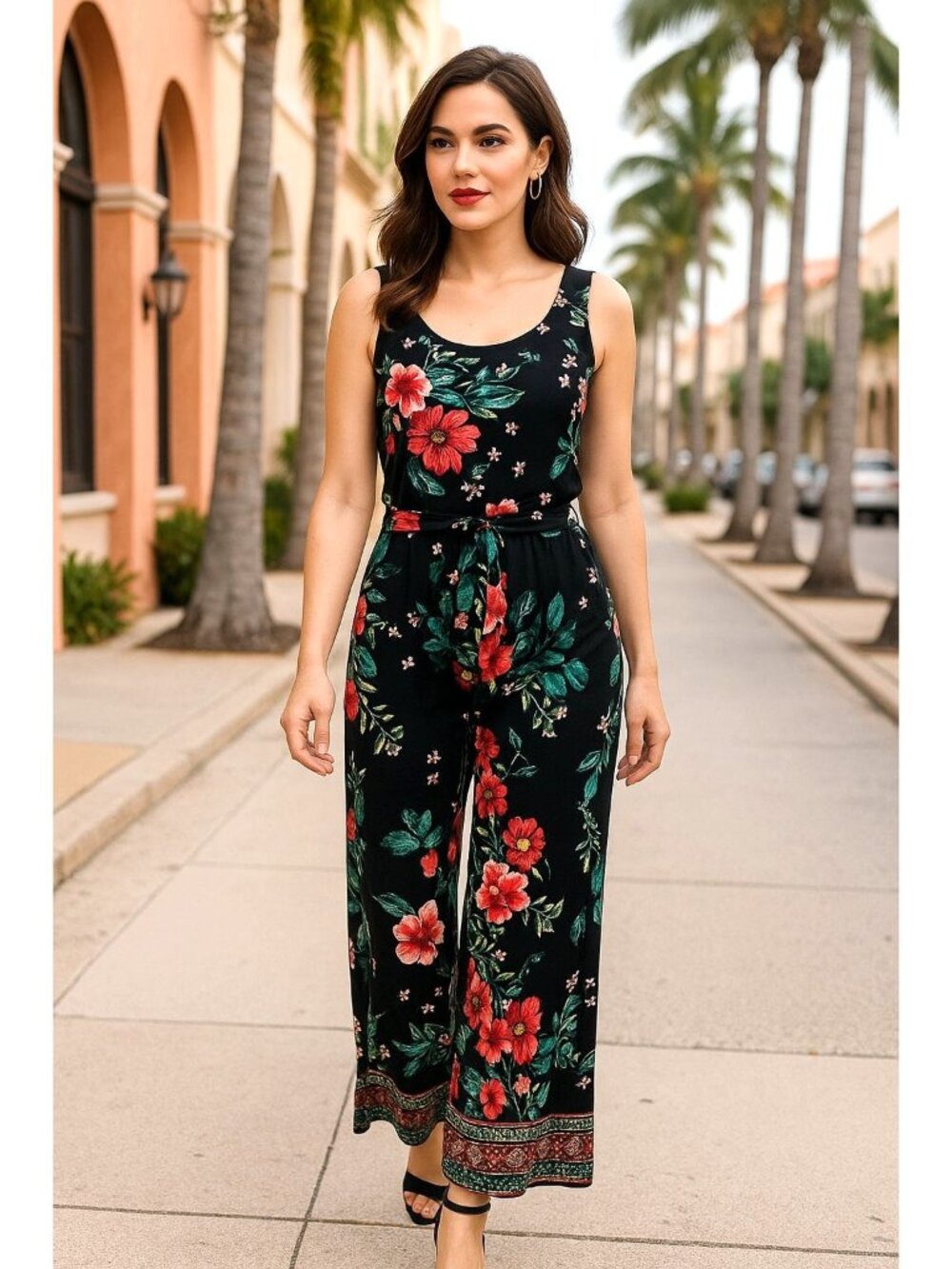 Derek Heart M Jumpsuit Floral Tie Waist Wide Leg Pant Outfit Floral Sleeveless